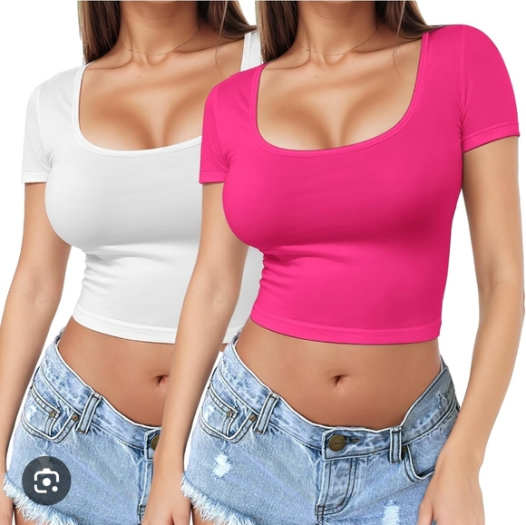 Tops - 2 Piece Women's Square Neck Short Sleeve Crop Top Y2K Shirt